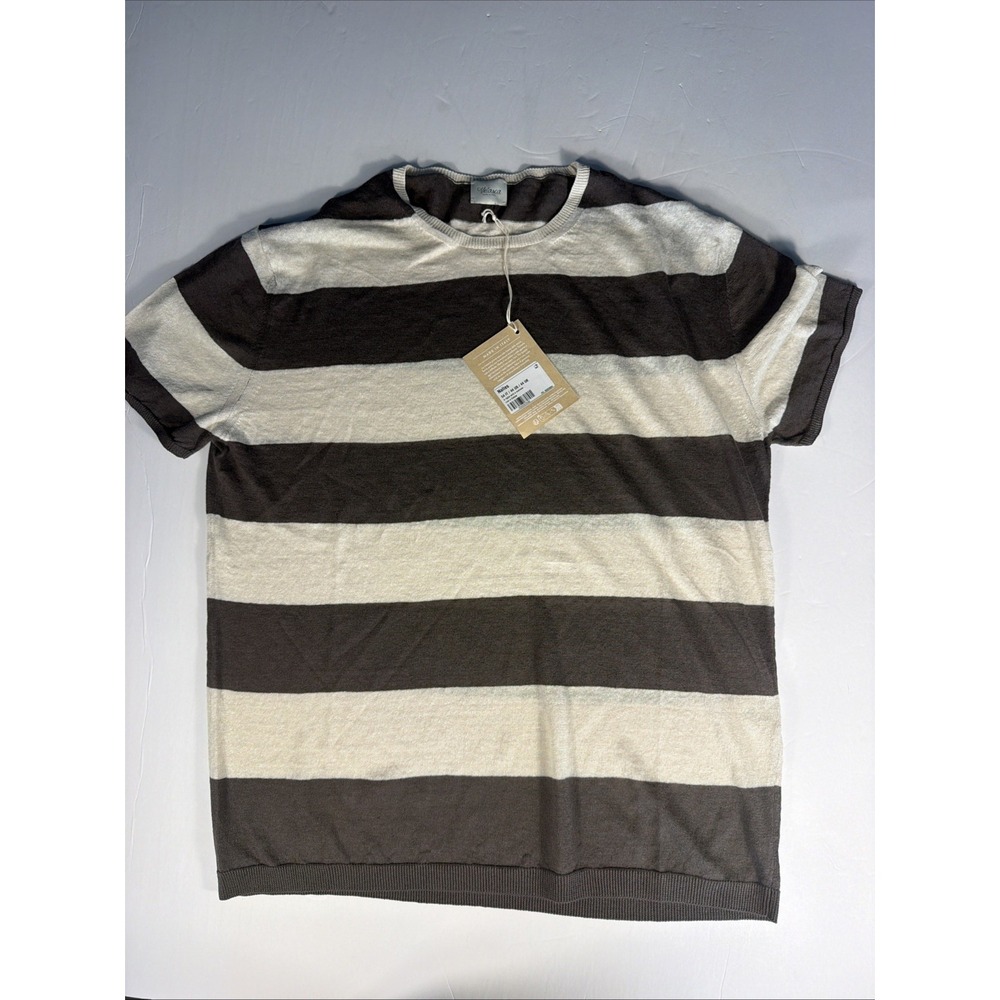 NWT Velasca Made Italy Linen Cotton Knit T Shirt Mens 44 US Brown Ecru Stripe